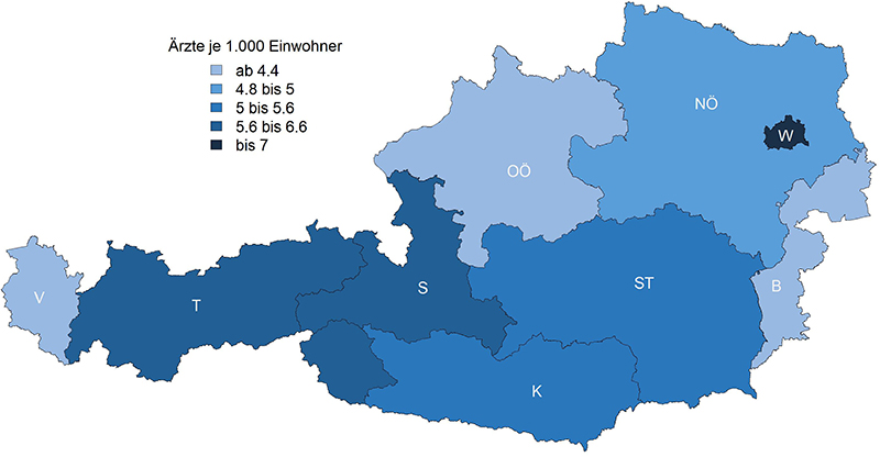 Grafik 10: Ärztedichte nach Bundesländern (Kammermitglieder)